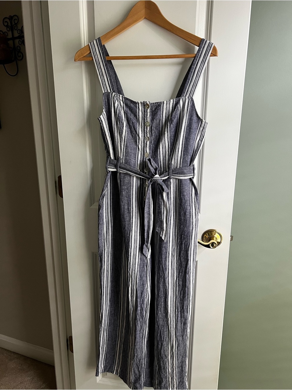 Rails Navy and White Textured Striped Jumpsuit